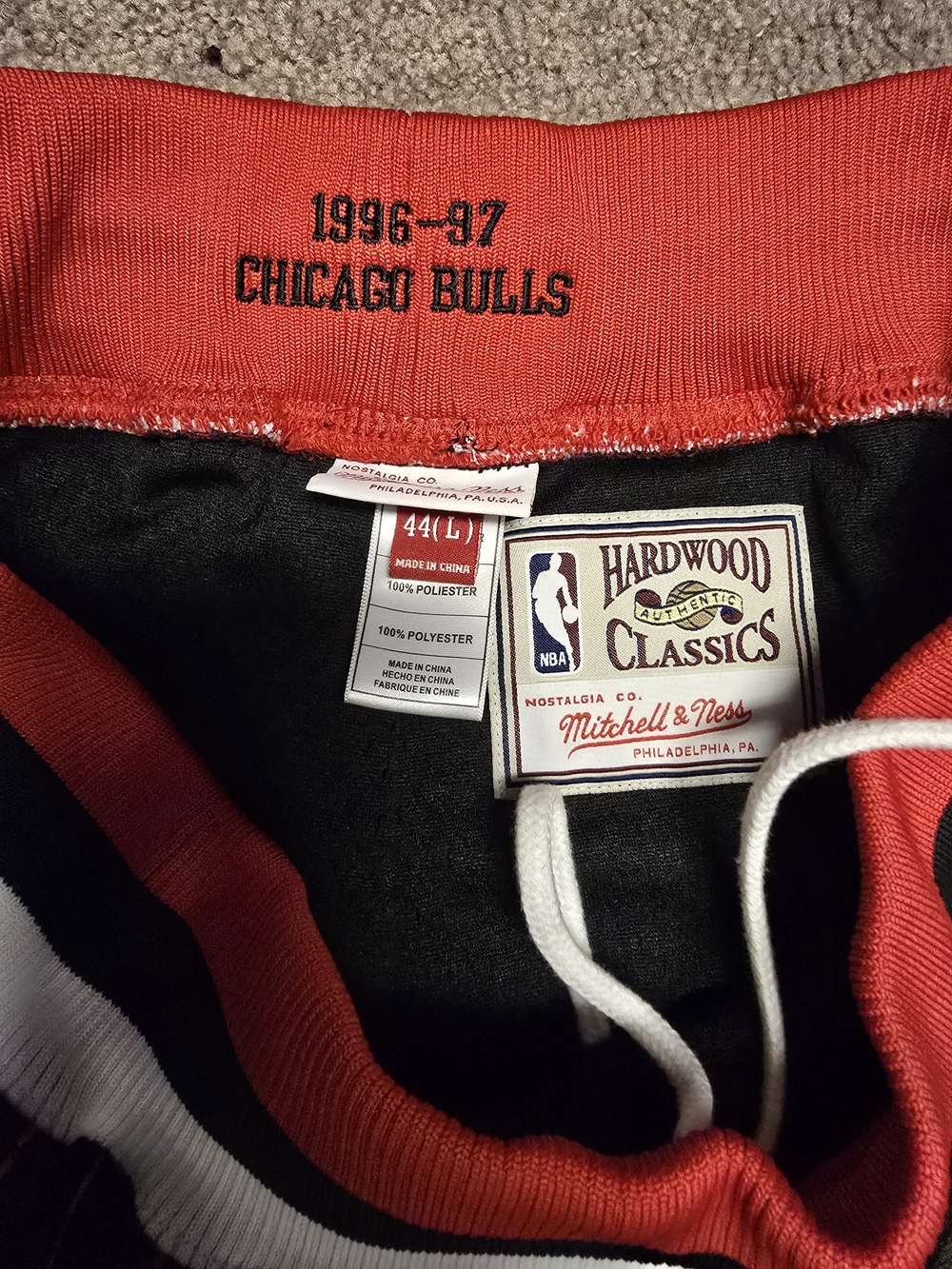 Mitchell & Ness Black with Red Pinstripe Chicago Bulls Athletic Shorts - Picture 2 of 5